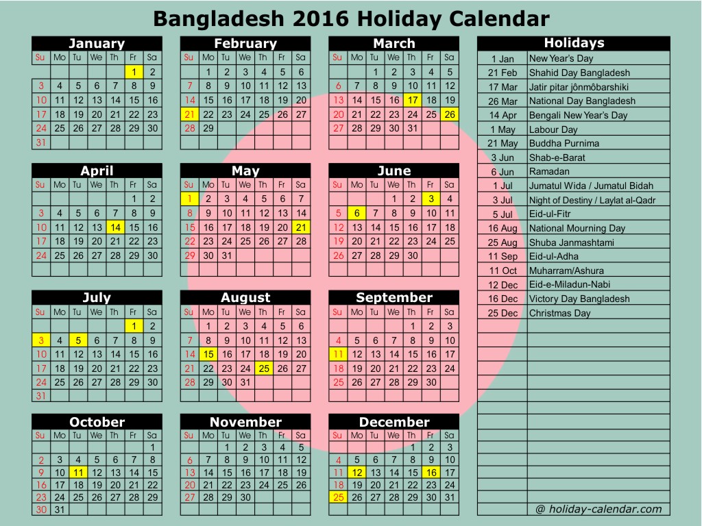 Holiday Calendar Bangladesh 2016  Bangladesh Affairs